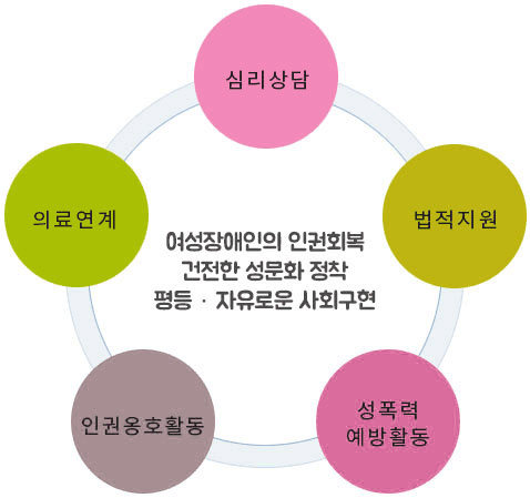 여성장애인의 인권회복 건전한 성문화 정착 평등ㆍ자유로운 사회구현 - 심리상담,법적지원,성폭력예방활동,의료연계,인권옹호활동